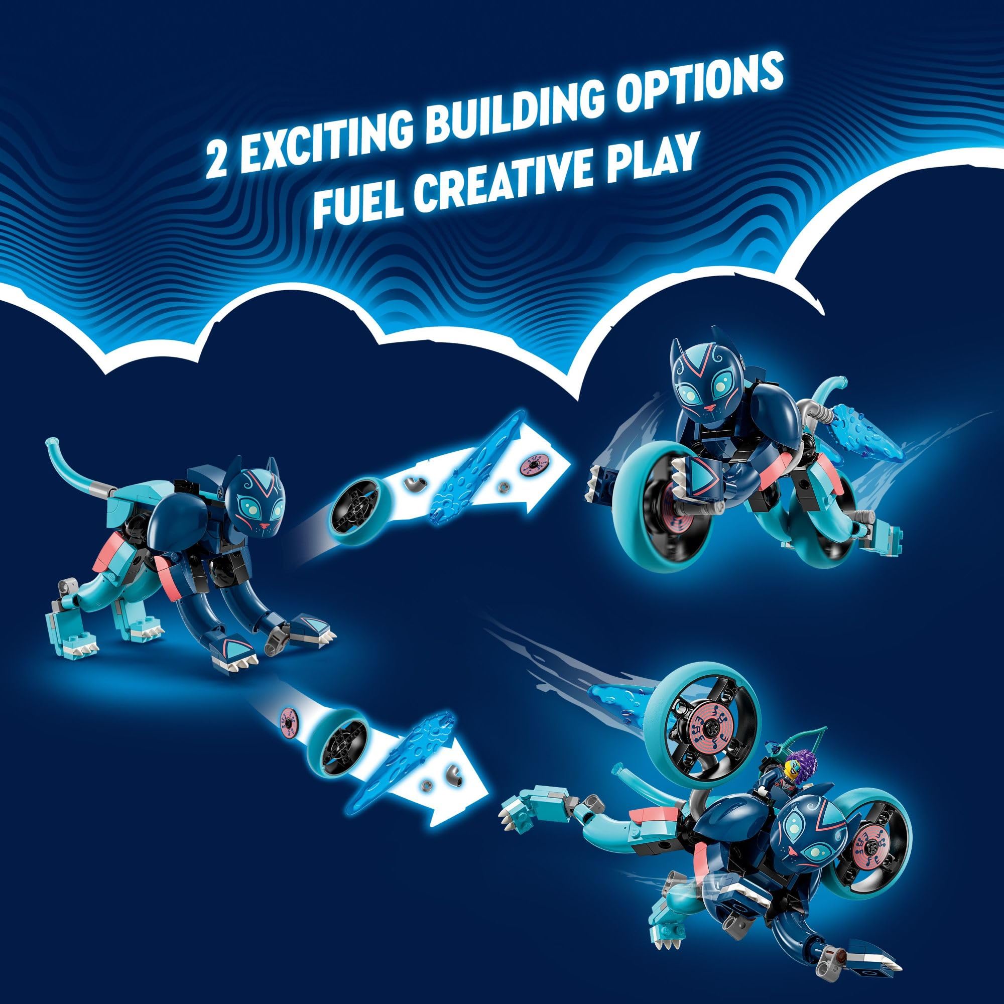LEGO DREAMZzz Zoey’s Cat Motorcycle transformable mode with turbo boosters for high-speed play.