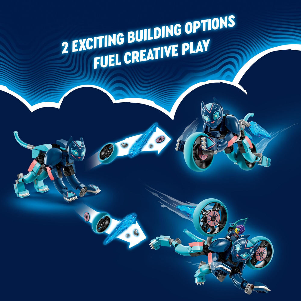 LEGO DREAMZzz Zoey’s Cat Motorcycle transformable mode with turbo boosters for high-speed play.