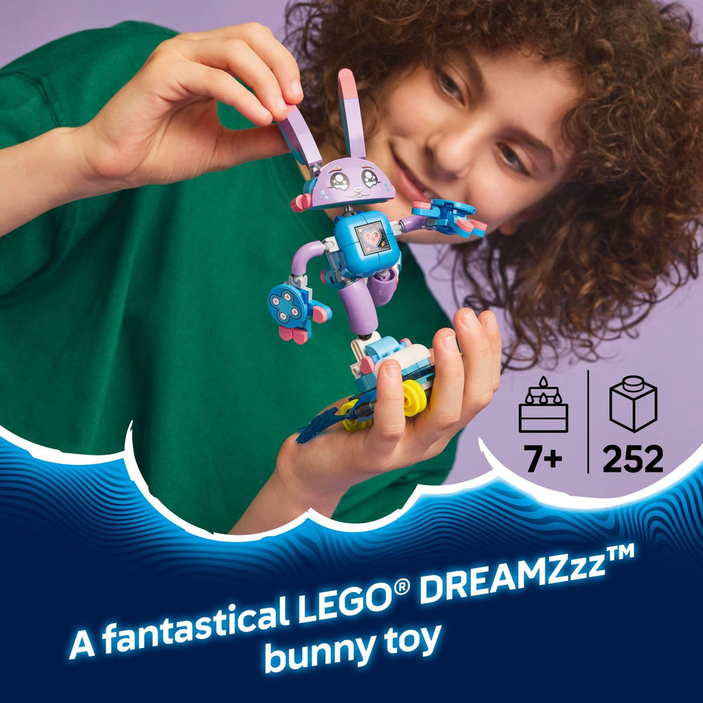 LEGO DREAMZzz Izzie and Bunchurro with jetpack accessory enabling airborne adventures and storytelling.