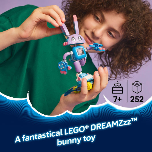 LEGO DREAMZzz Izzie and Bunchurro with jetpack accessory enabling airborne adventures and storytelling.