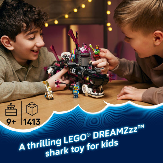 LEGO DREAMZzz Nightmare Shark Submarine battle mode features hammerhead ship for action storytelling.