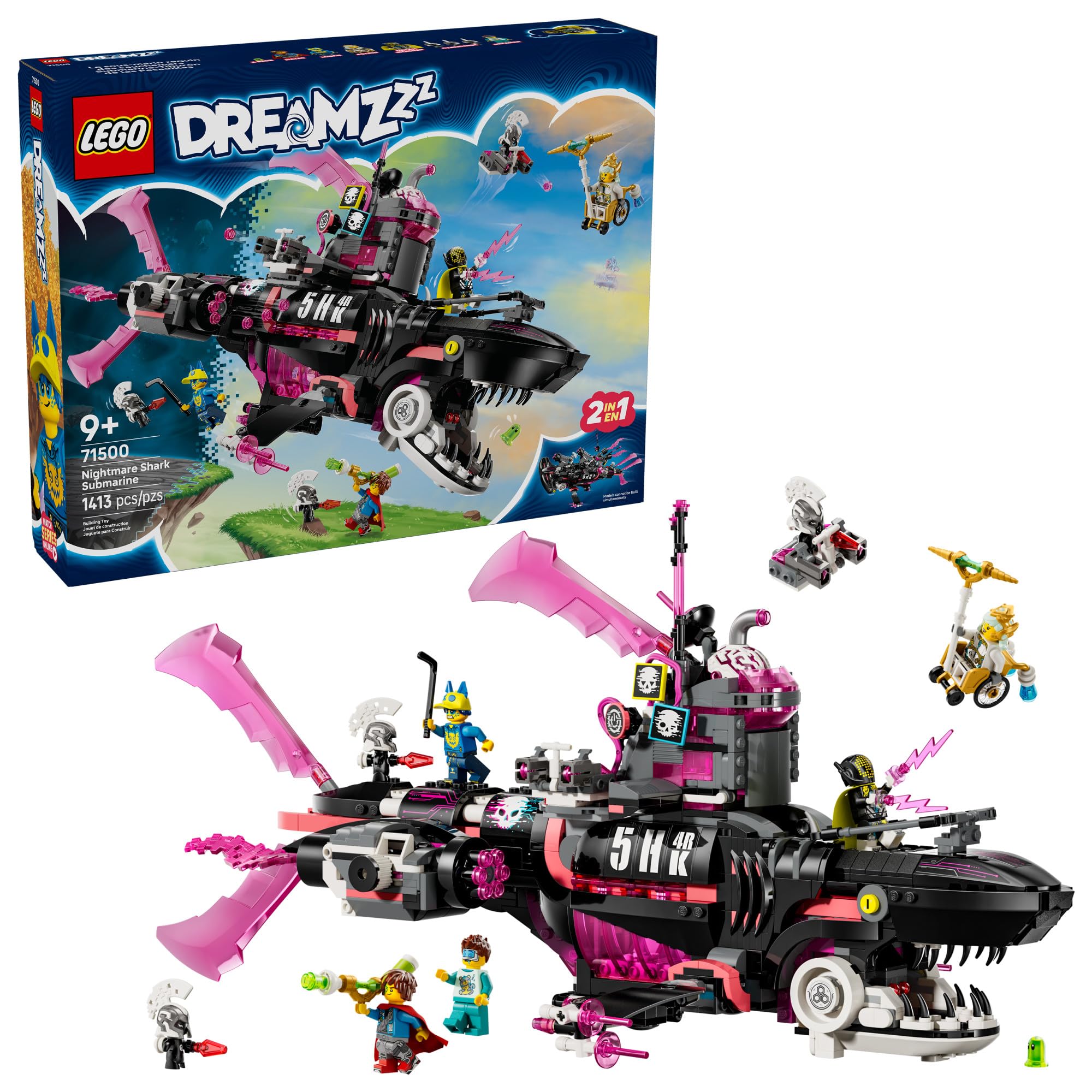 LEGO DREAMZzz Nightmare Shark Submarine front view highlights stealth hull for creative adventures.