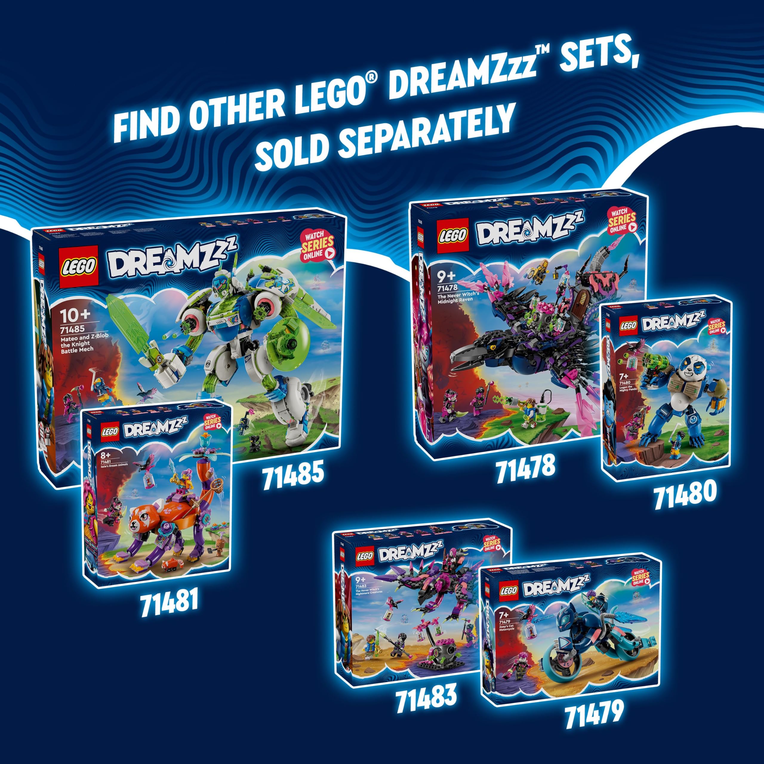 LEGO DREAMZzz Minifigures Mateo, Astrid, Never Witch, Dizzy, Dogan, and Z-Blob ready for adventures.