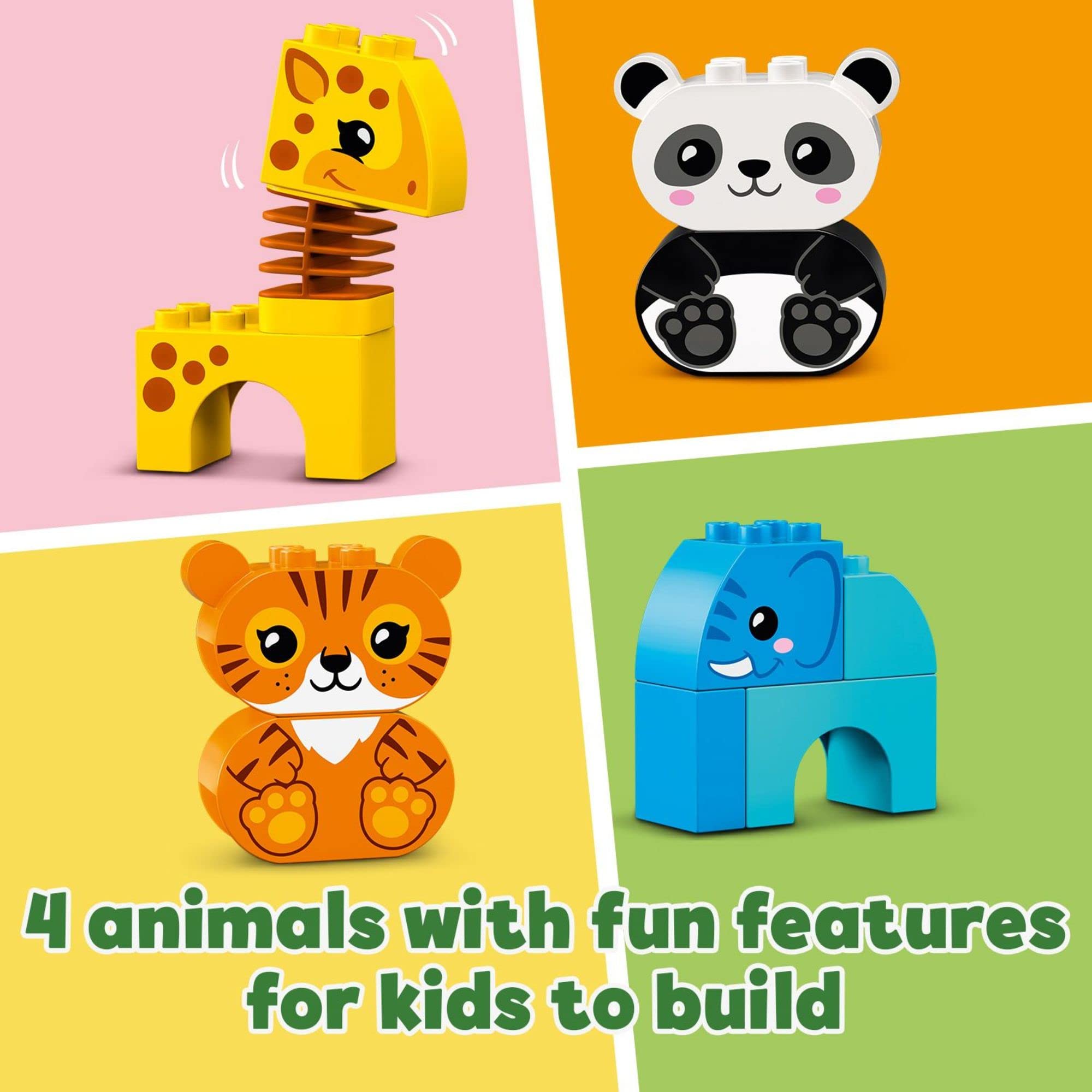 LEGO DUPLO animal train giraffe—wobbling neck sparks creative storytelling.