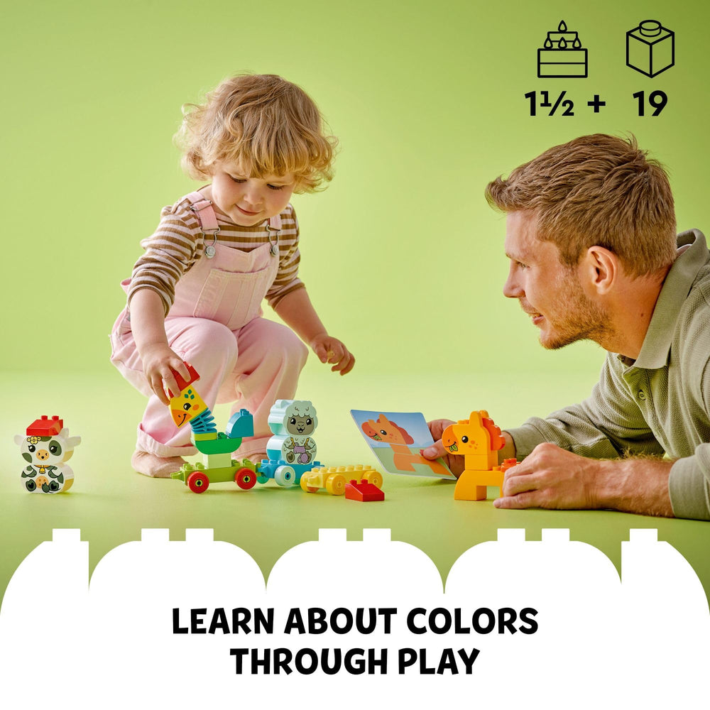 LEGO DUPLO lamb figure beside color-matched carriages for early color recognition