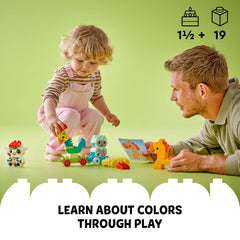 LEGO DUPLO lamb figure beside color-matched carriages for early color recognition