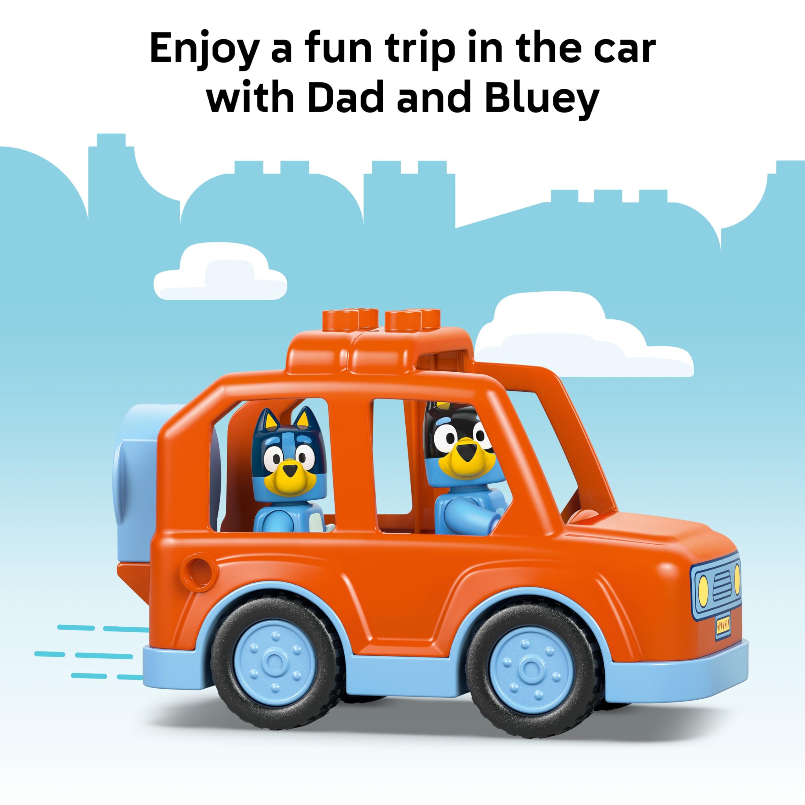 LEGO DUPLO Bluey car image showing a drivable vehicle for dynamic pretend adventures.