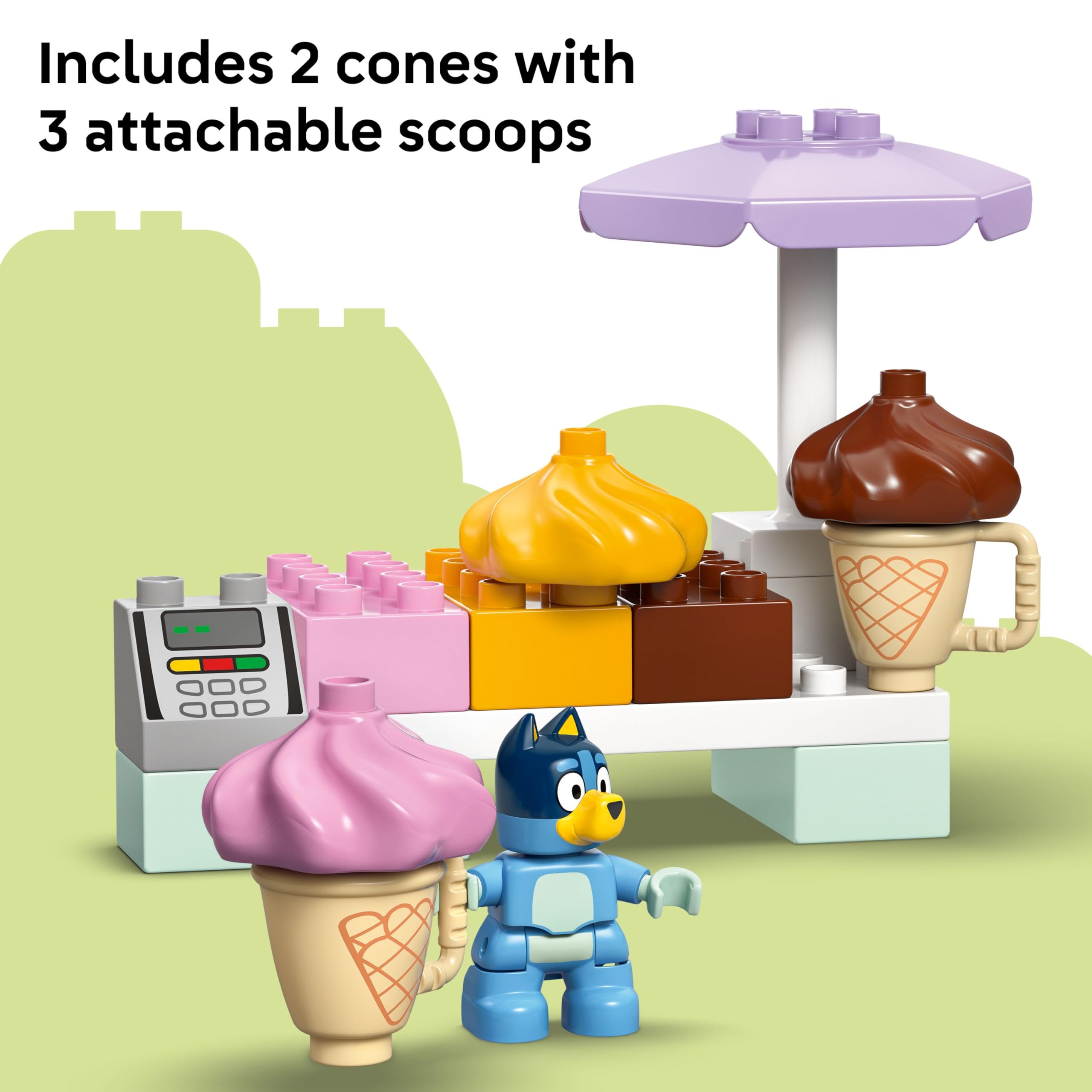 LEGO DUPLO Bluey ice cream scoops image illustrating color sorting and counting practice.