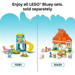 LEGO DUPLO Bluey menu and credit card image inviting interactive checkout play and early math exposure.