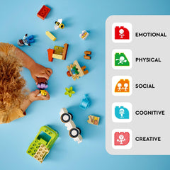 LEGO DUPLO Caring for Bees & Beehives beehive with honeycomb invites interaction.