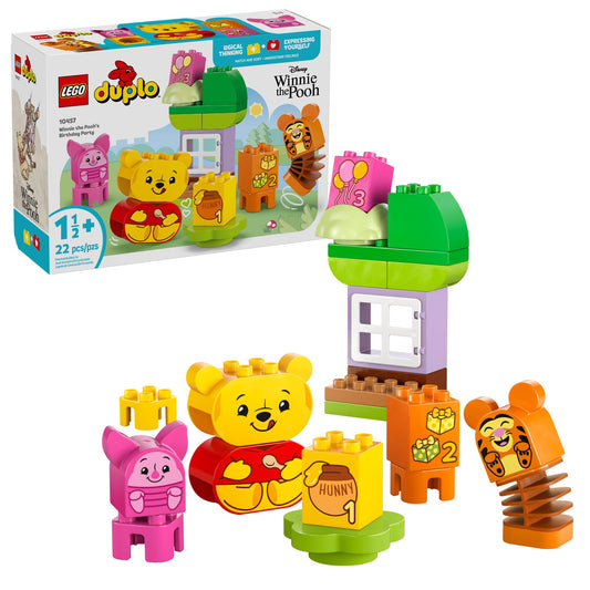 LEGO DUPLO Winnie the Pooh birthday tree house scene promotes imaginative play and color matching.