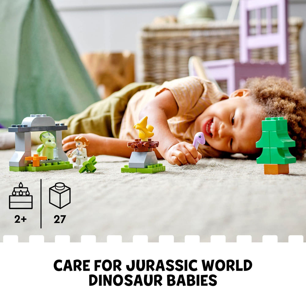 LEGO DUPLO Jurassic World baby Brachiosaurus reaching for leaves during play.