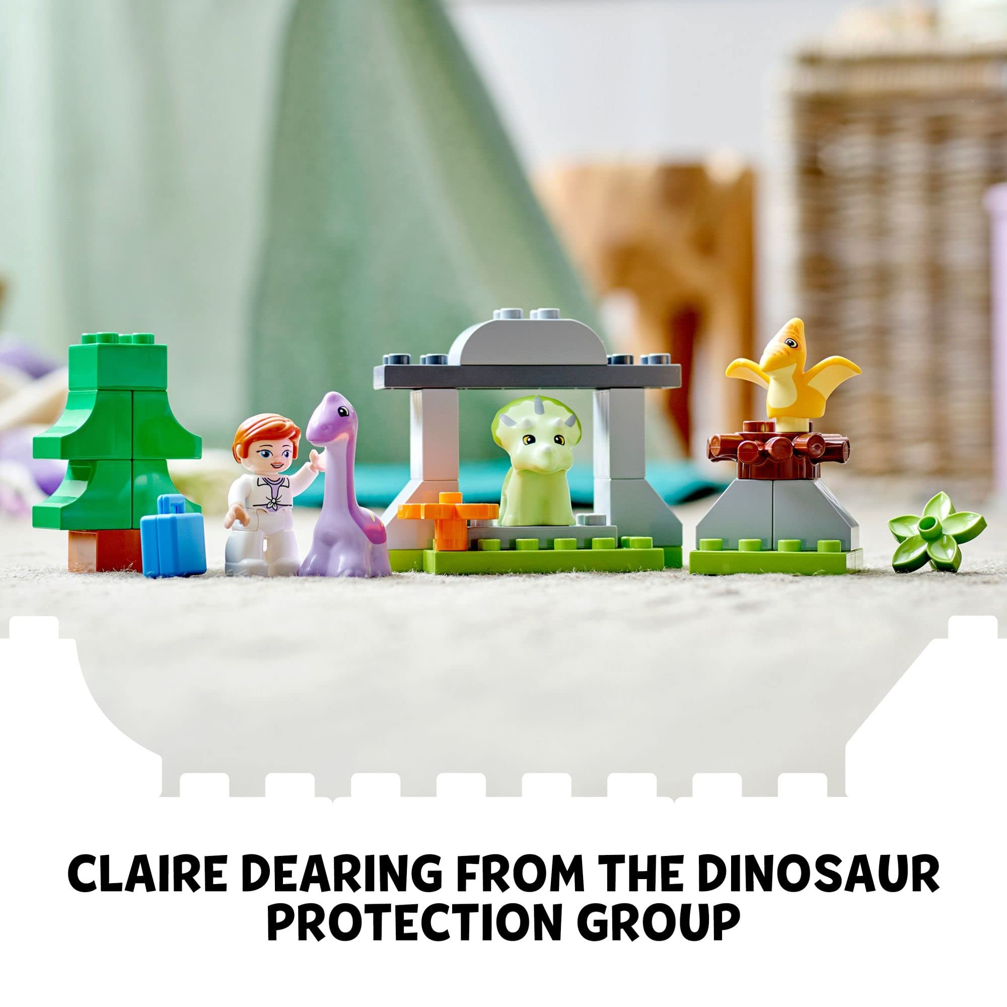 LEGO DUPLO Jurassic World Claire Dearing figure supports guardian-style play scenes.
