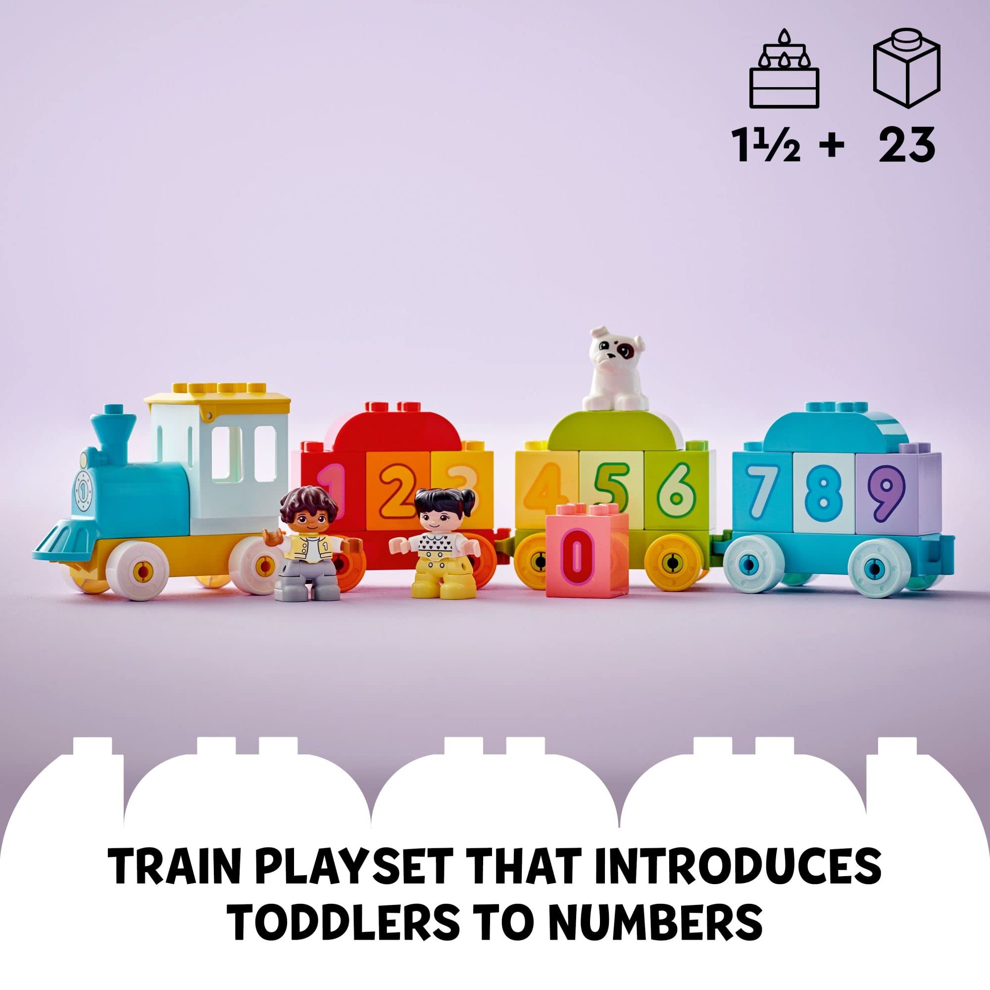 LEGO DUPLO number bricks on train carriages—encourages sorting and sequencing practice.