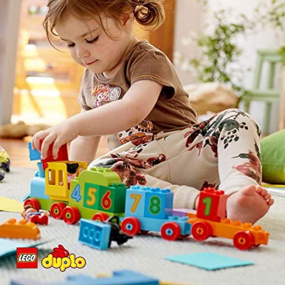 LEGO DUPLO Number Train on track invites dynamic counting and play.