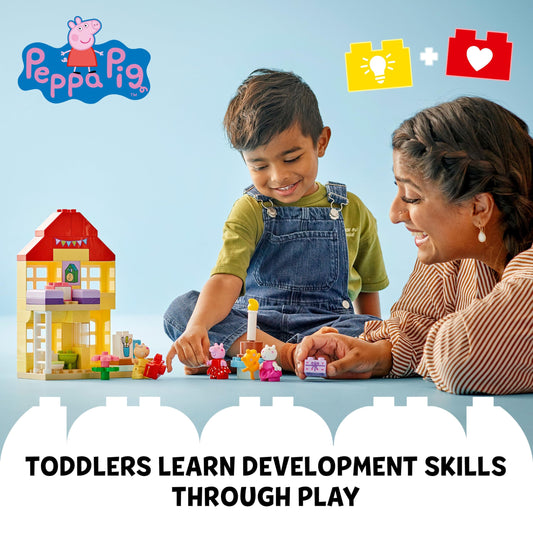 LEGO DUPLO Peppa Pig Birthday House interior shows bedroom, kitchen, and bathroom for imaginative play