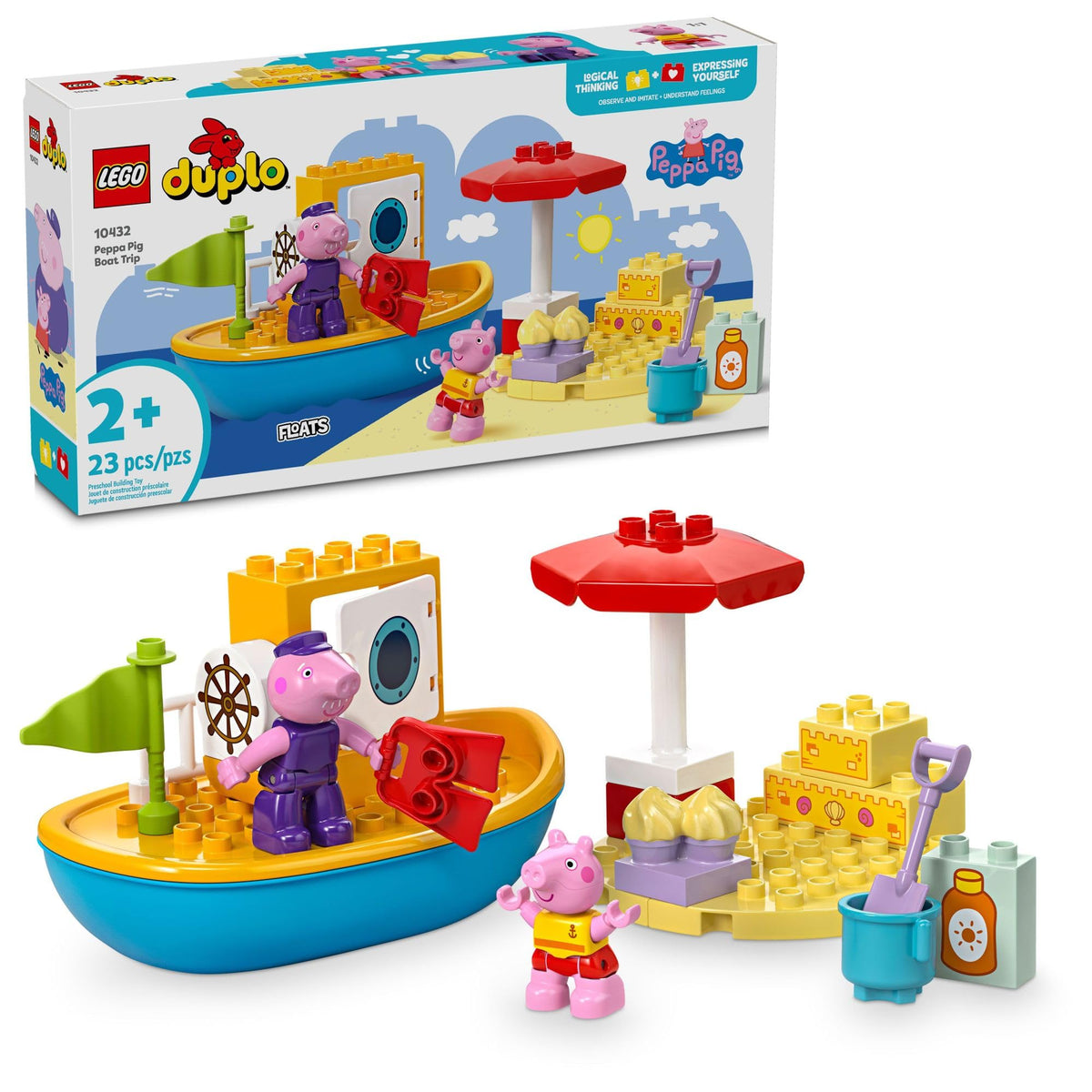 LEGO DUPLO Peppa Pig boat-trip set featuring Peppa and Grandpa Pig with a floating boat for bath play.