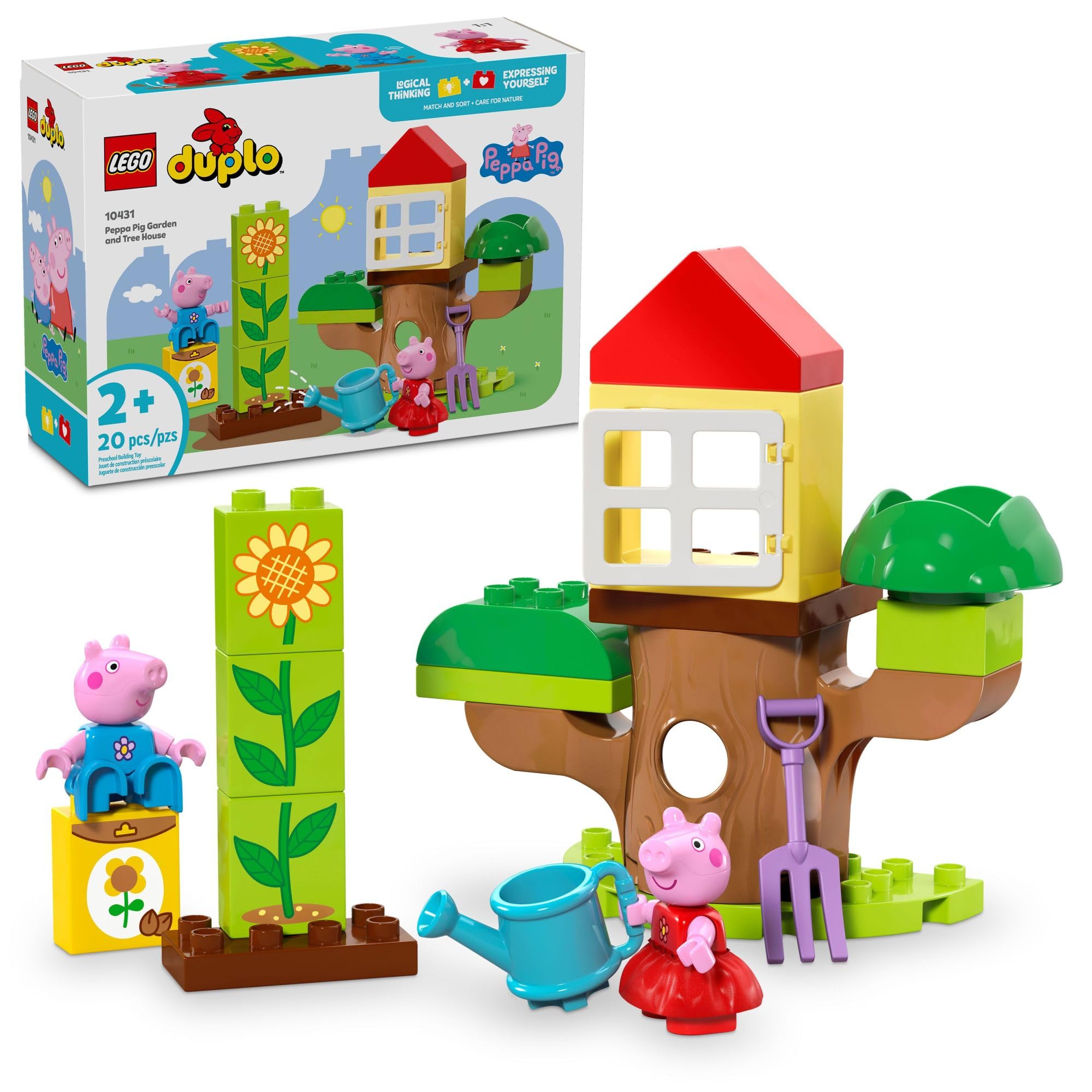 LEGO DUPLO Peppa Pig garden sunflowers planting scene boosts imaginative outdoor play.