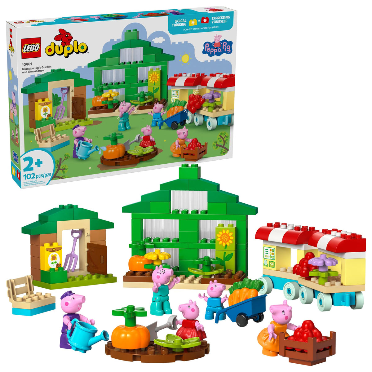 LEGO DUPLO Peppa Pig garden scene invites imaginative outdoor play with Grandpa Pig's greenhouse.