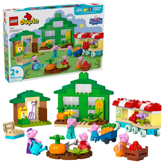 LEGO DUPLO Peppa Pig garden scene invites imaginative outdoor play with Grandpa Pig's greenhouse.