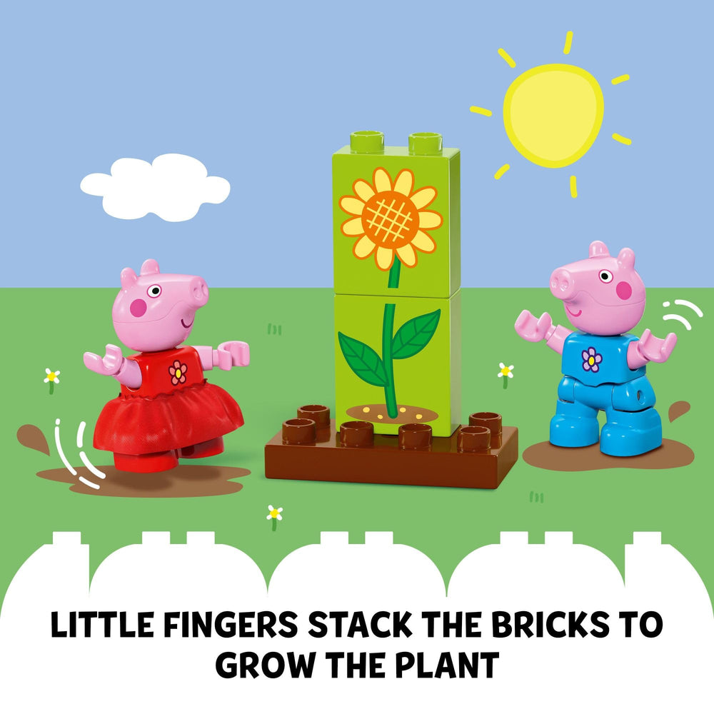LEGO DUPLO Peppa Pig seed packet and garden fork spark pretend gardening sessions.