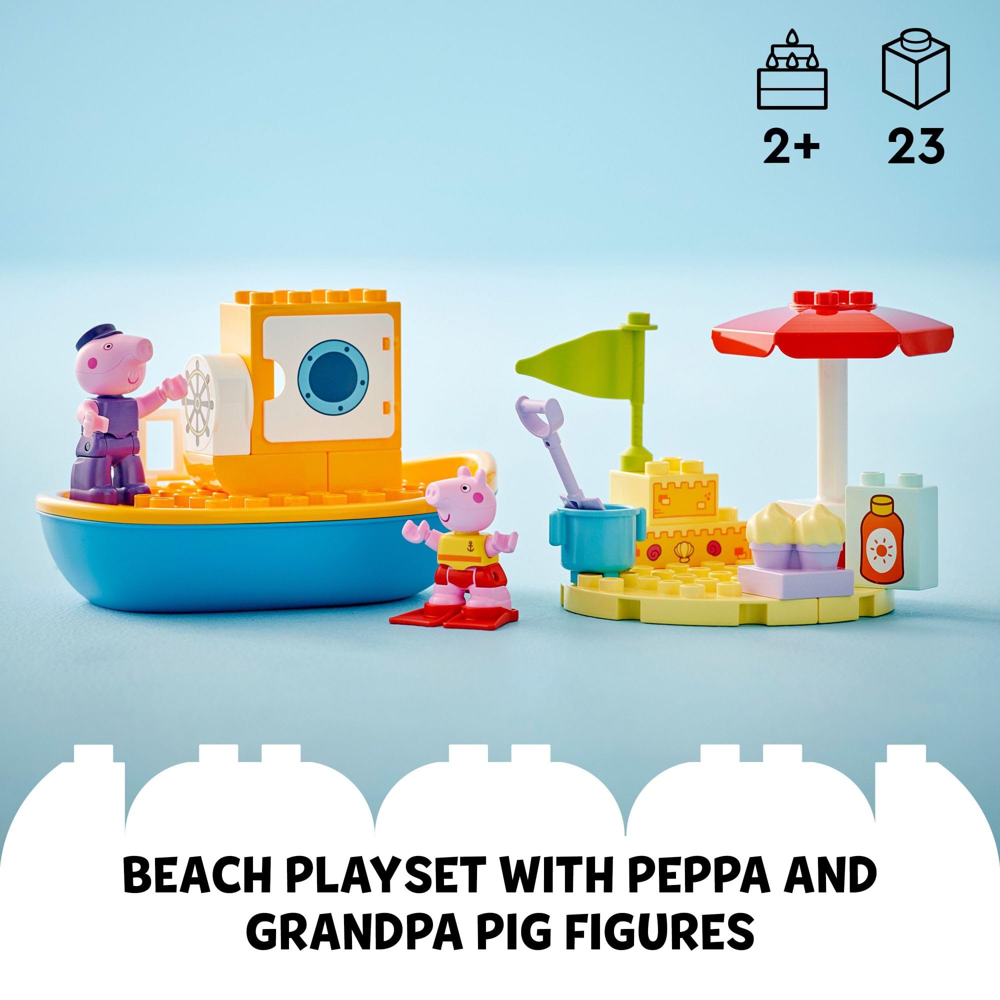 LEGO DUPLO Peppa Pig beach accessories with shells and bucket spark imaginative beach scenes.
