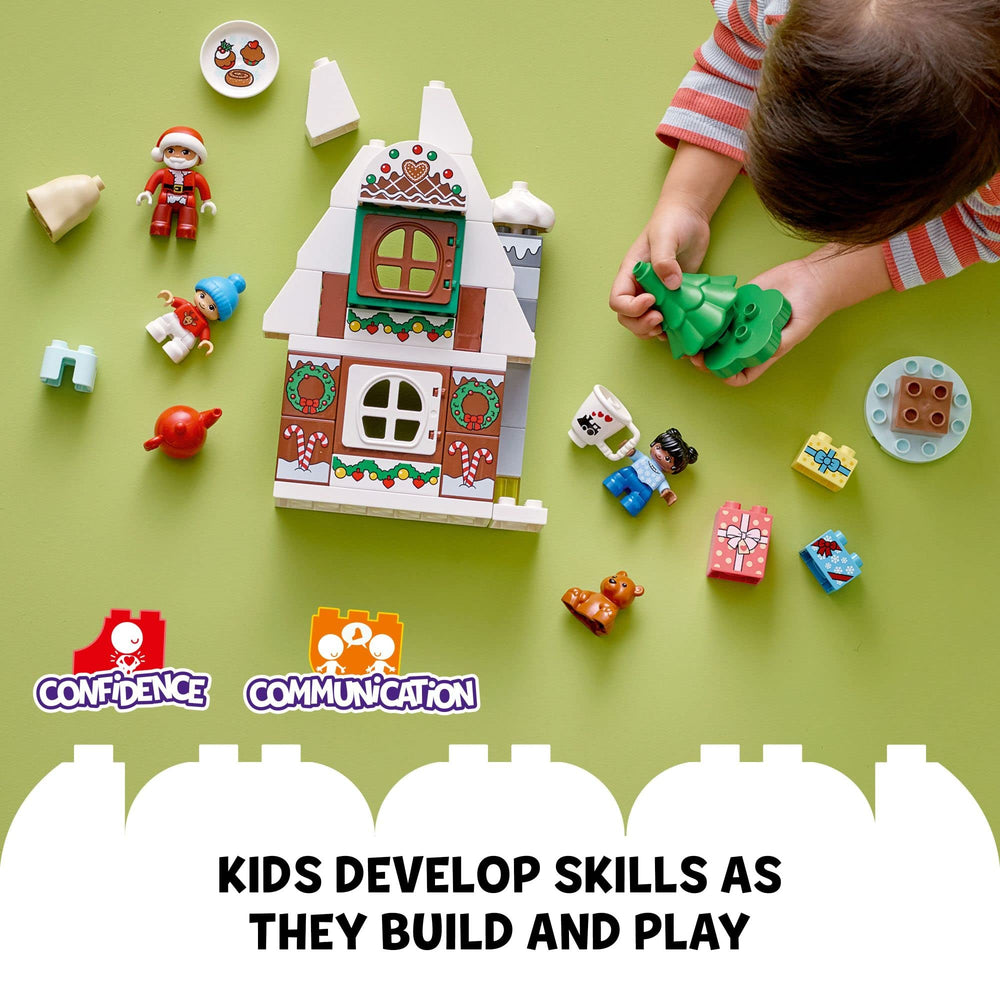 LEGO DUPLO Santa’s Gingerbread House teapot and cakes promote interactive pretend-mealtime fun.
