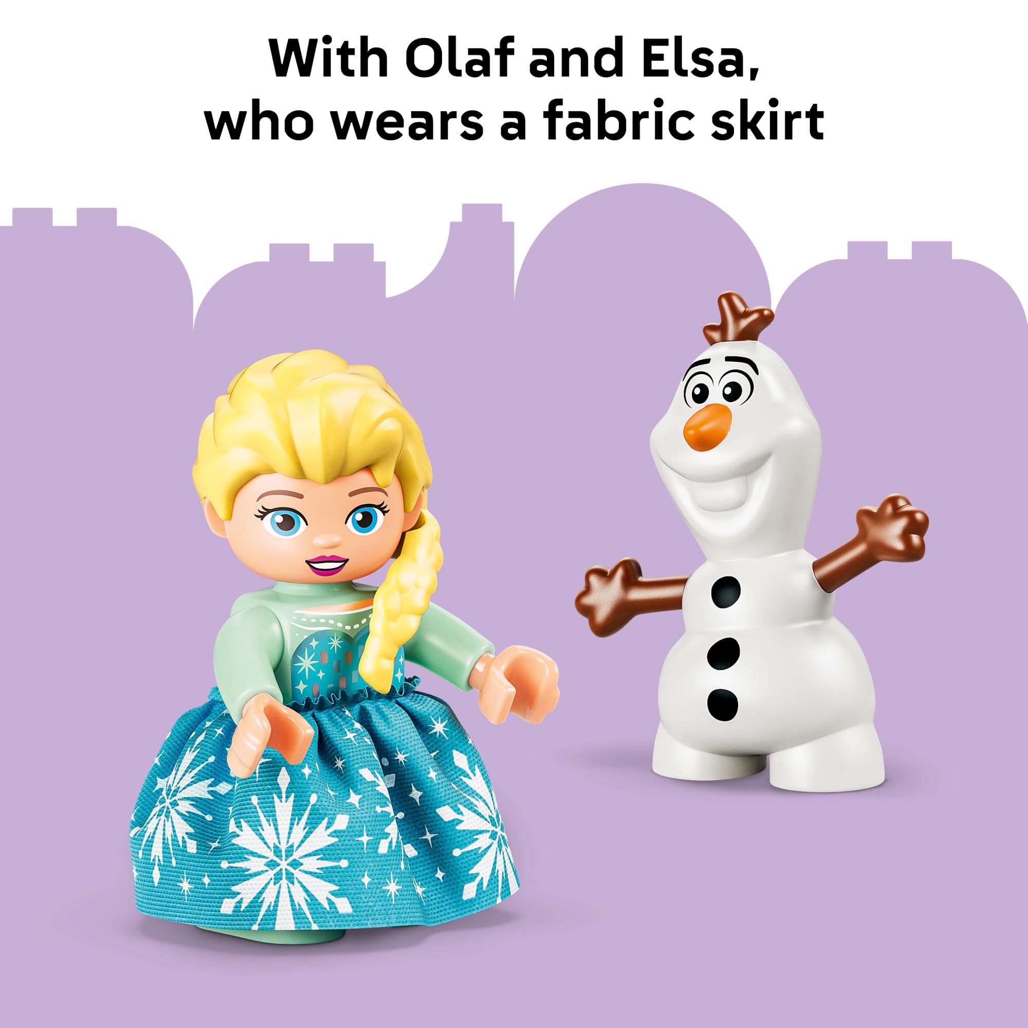 LEGO DUPLO Elsa and Olaf next to a child hand showing safe scale