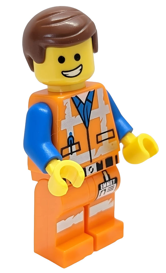 LEGO Emmet minifig with dual-face head for expressive play.