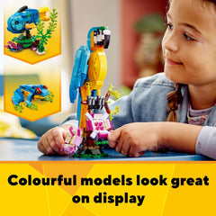 LEGO Exotic Parrot on branch with flowers enhances visual appeal and storytelling