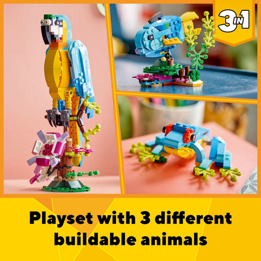 LEGO Exotic Parrot with movable wings demonstrates dynamic action on the branch