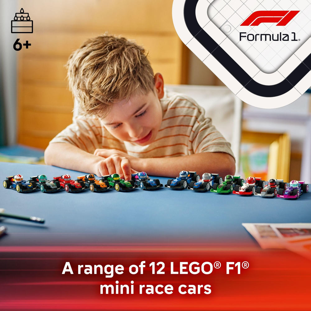 LEGO F1 6-pack inside-view showing six mystery cars for surprise gifting.