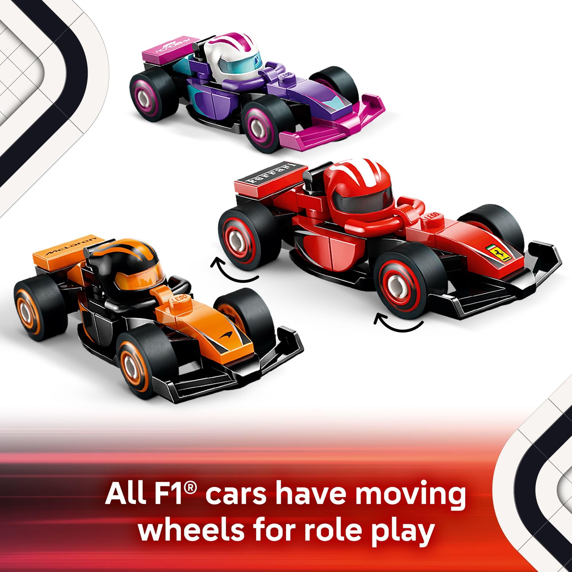 LEGO F1 wheels detail highlights rotating wheels for quick racing action.