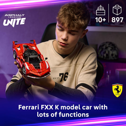 LEGO Ferrari FXX K opening hood and engine cover reveal V12 details for learning and exploration.