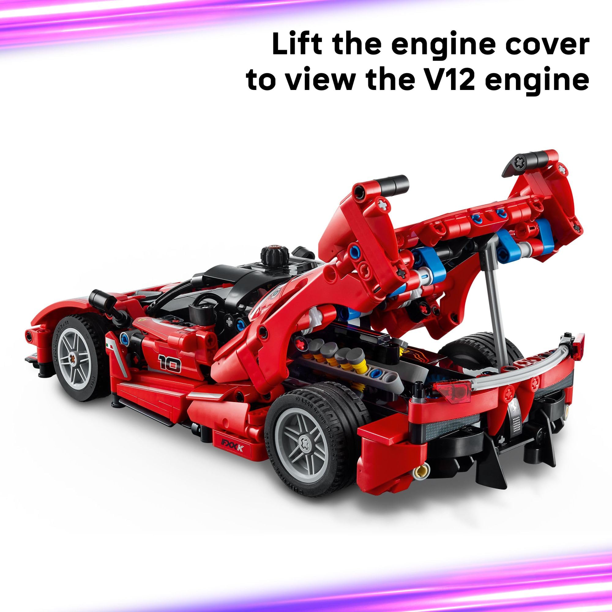 LEGO Ferrari FXX K V12 engine pistons move, illustrating working mechanics during the build.