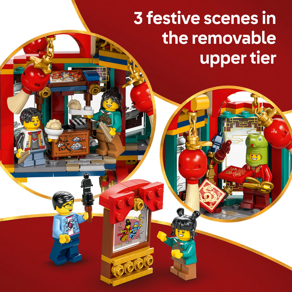 LEGO Spring Festival Trotting Lantern top access shows three mini-scenes: food, decor, and shadow theater.