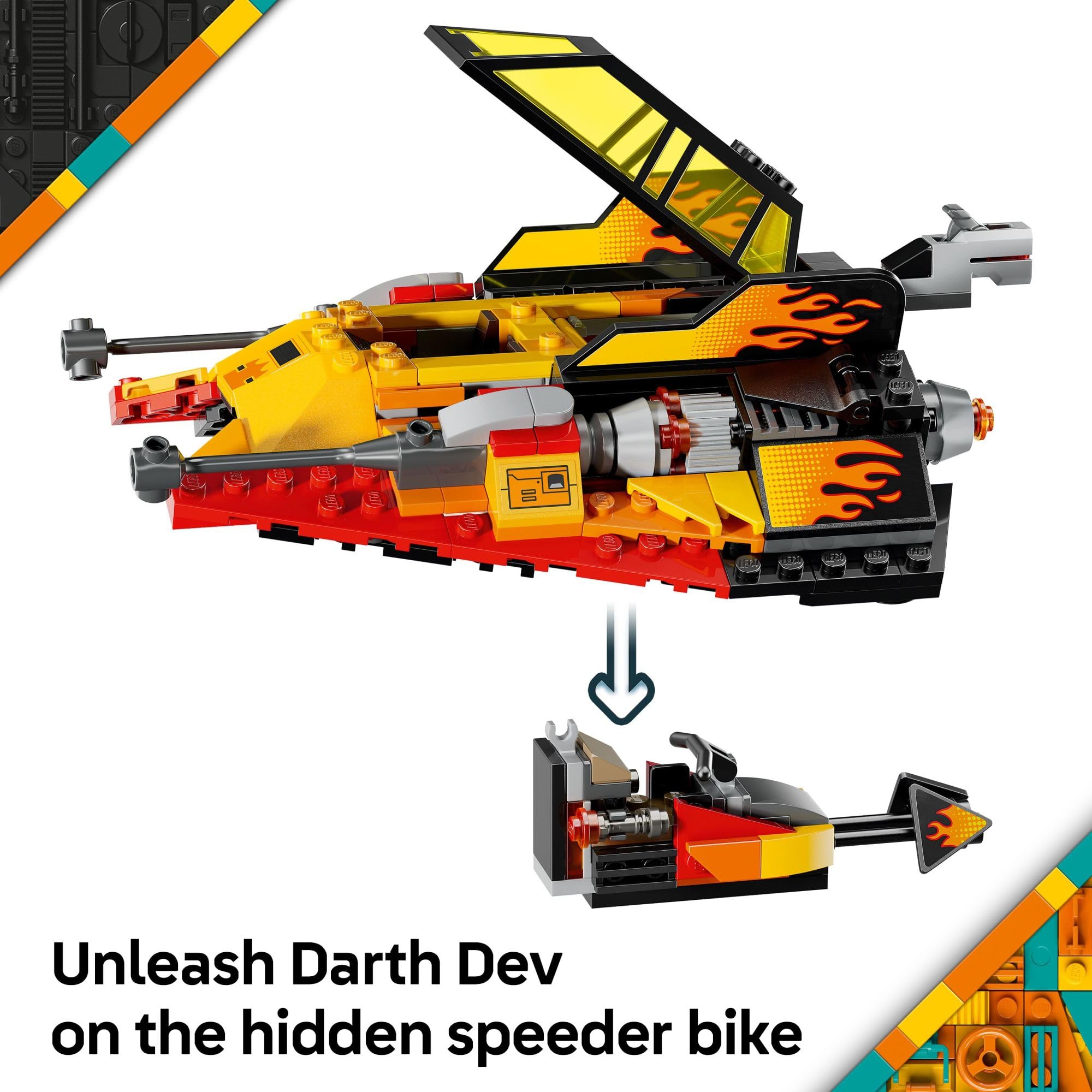 LEGO Star Wars The Force Burner Snowspeeder hidden speeder bike launches with seat press.