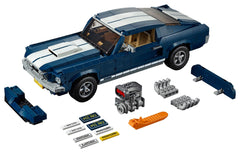 LEGO Ford Mustang GT exterior in dark blue with white stripes.
