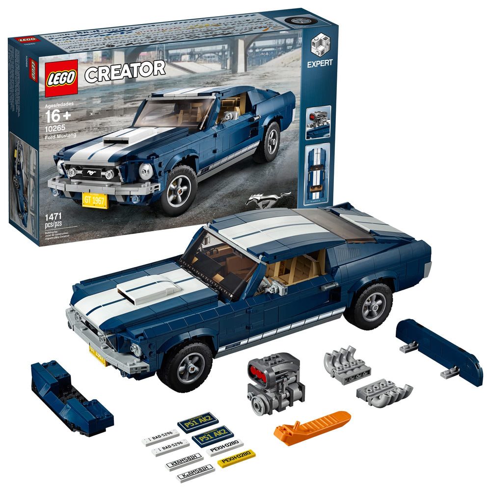 LEGO Ford Mustang GT interior detail with steering and seats for display.