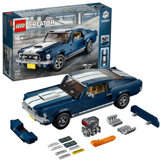 LEGO Ford Mustang GT interior detail with steering and seats for display.