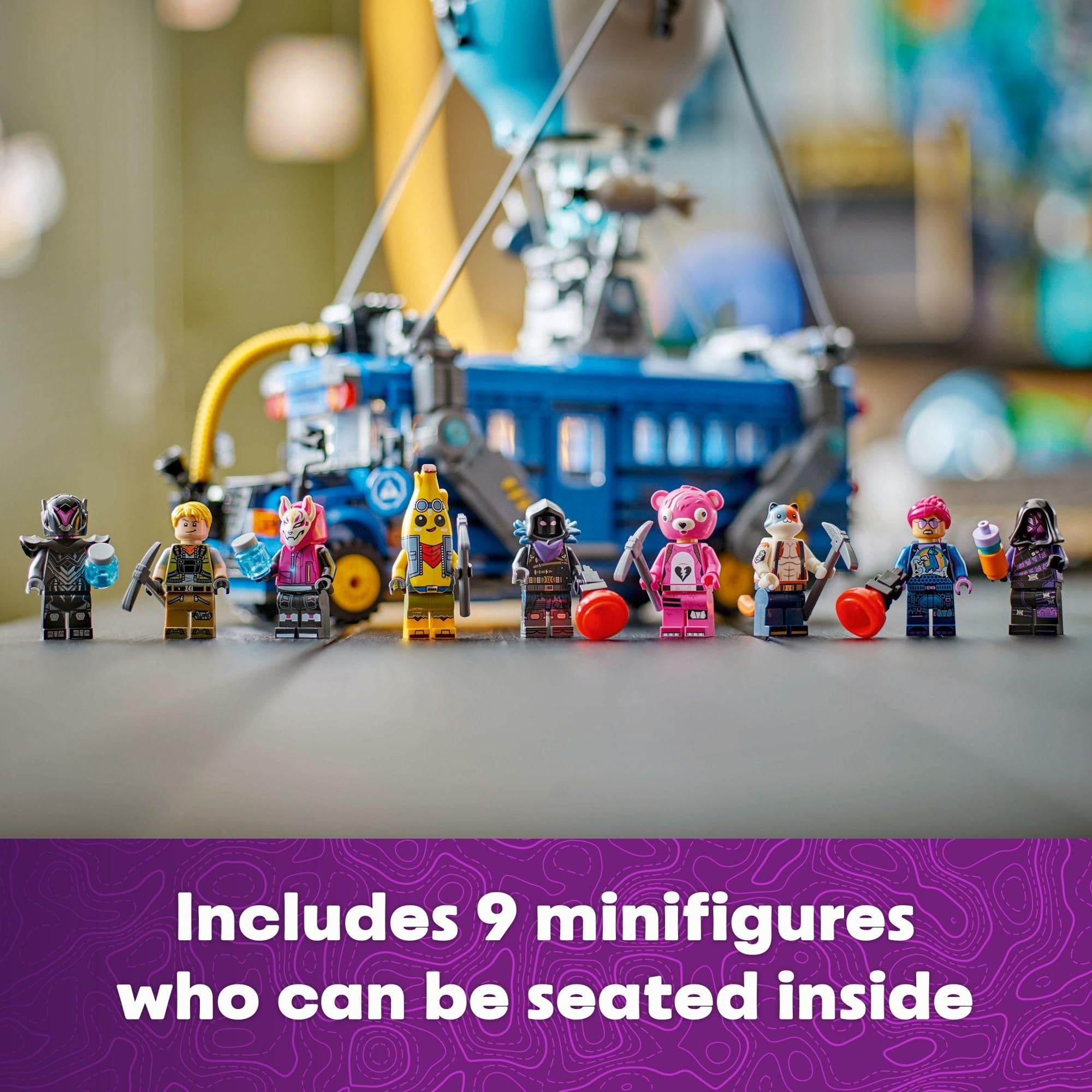 LEGO Fortnite Battle Bus dimensions show scale for display in a room