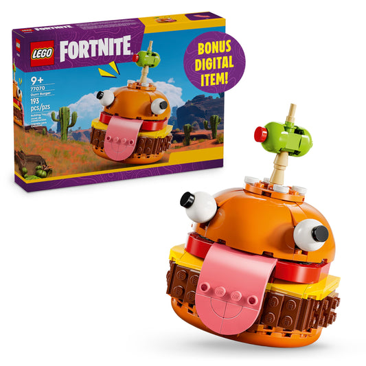 LEGO Fortnite Durrr Burger assembly image shows a compact display model for desks