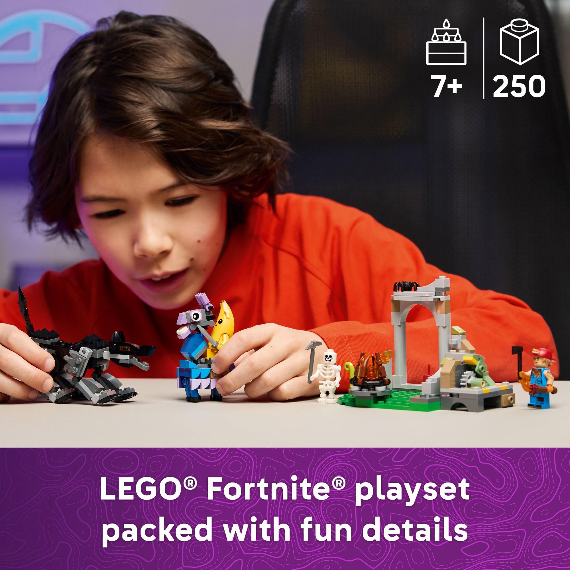 LEGO Fortnite Peely and Sparkplug minifigures with authentic accessories for action play.