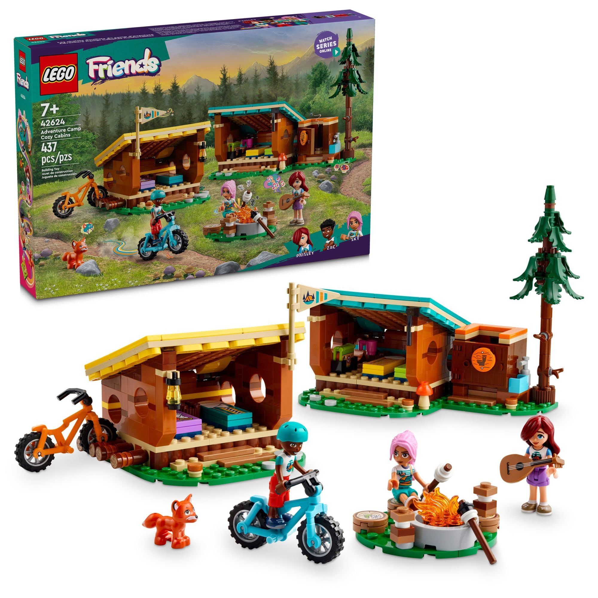 LEGO Friends Cozy Cabins shelter front view for imaginative camping adventures.