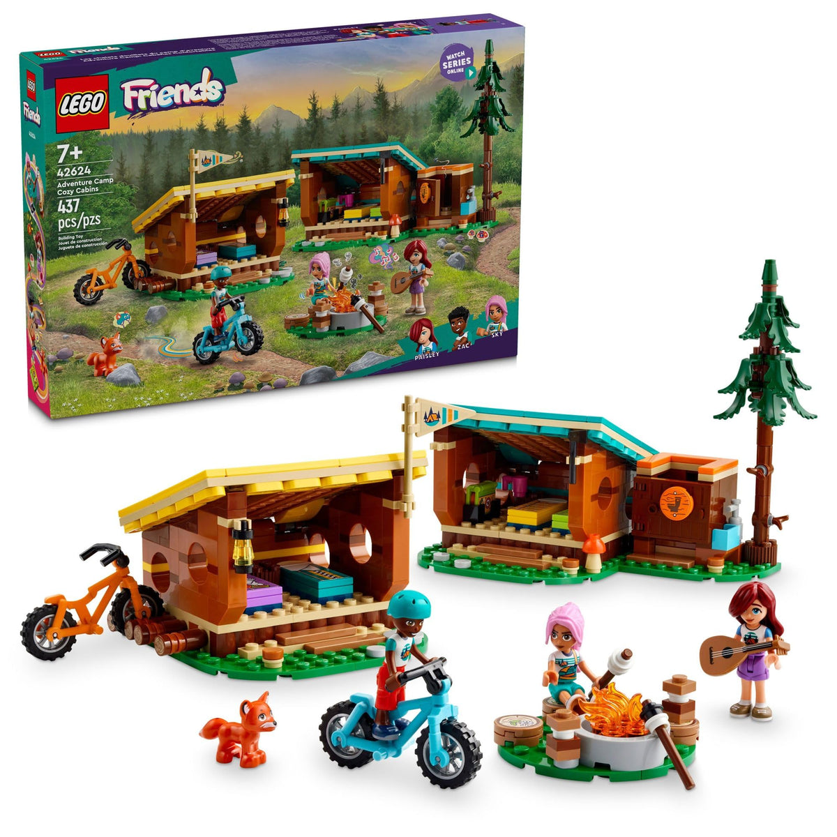 LEGO Friends Cozy Cabins shelter front view for imaginative camping adventures.
