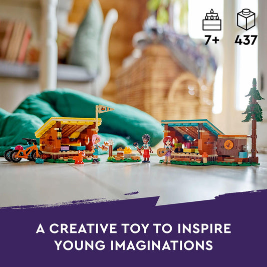 LEGO Friends Cozy Cabins roof open reveals accessible interior for easy, imaginative play.