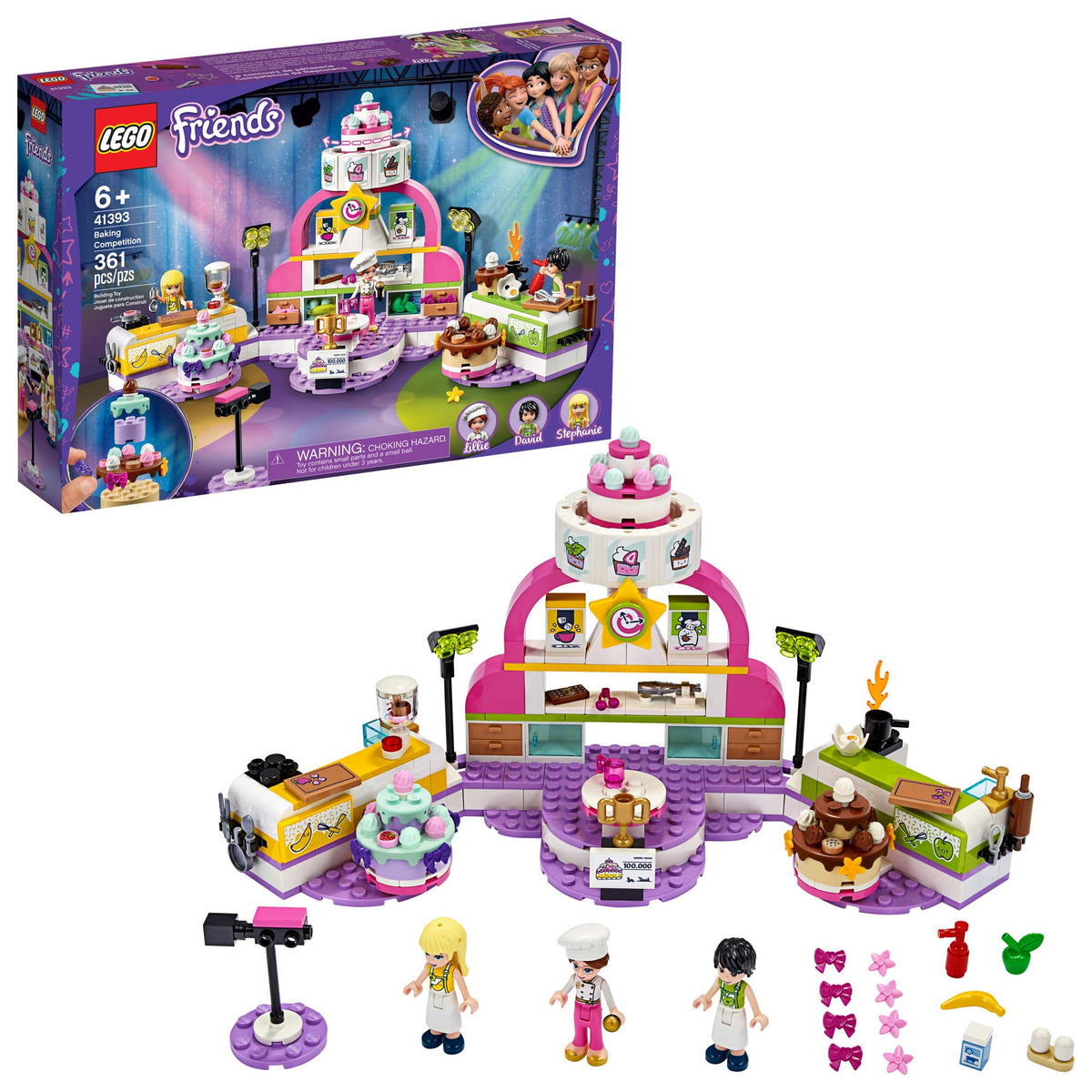 LEGO Friends Baking Competition: three mini-dolls ready for creative pretend baking.