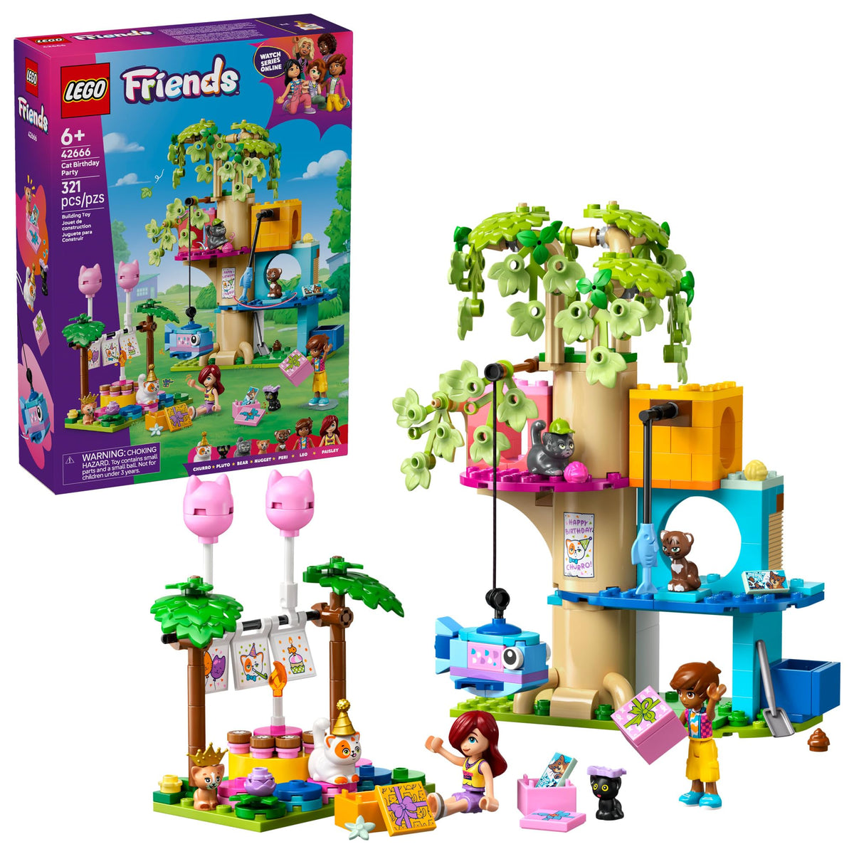 LEGO Friends Cat Birthday Party Tree House front view sparks imaginative play