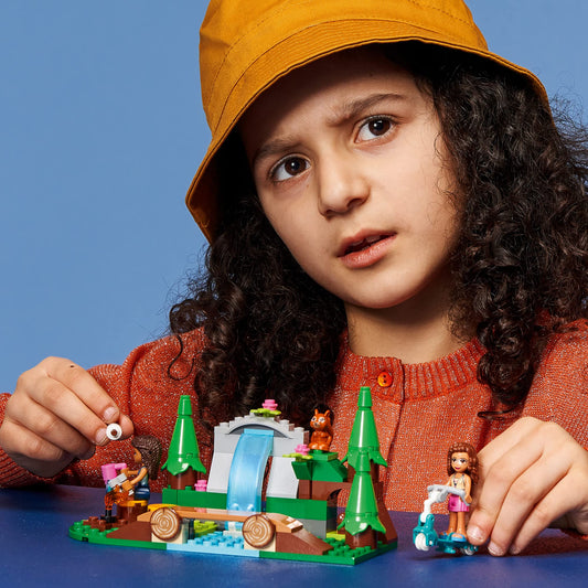 LEGO Friends forest waterfall campfire detail; ideal for cozy campout storytelling at home