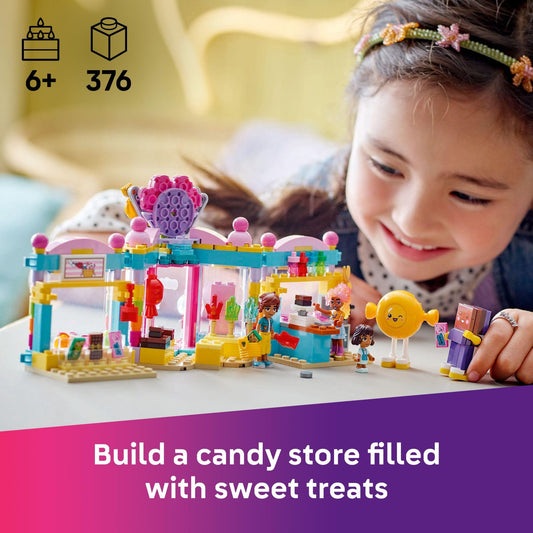 LEGO Friends Heartlake City Candy Store interior features colorful shelves for pretend shopping